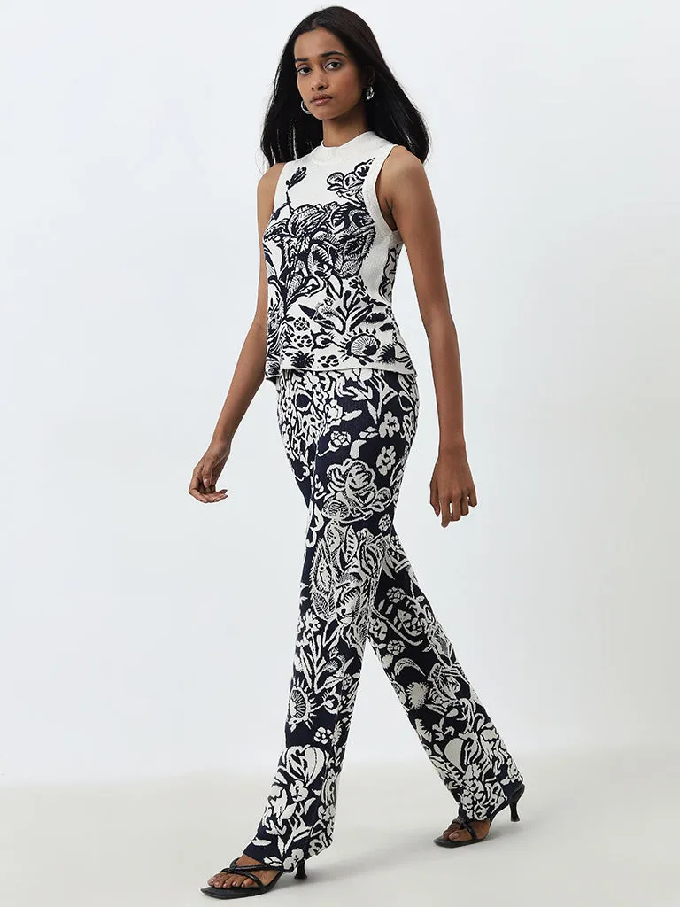 Wardrobe Indigo Floral Design High-Rise Trousers