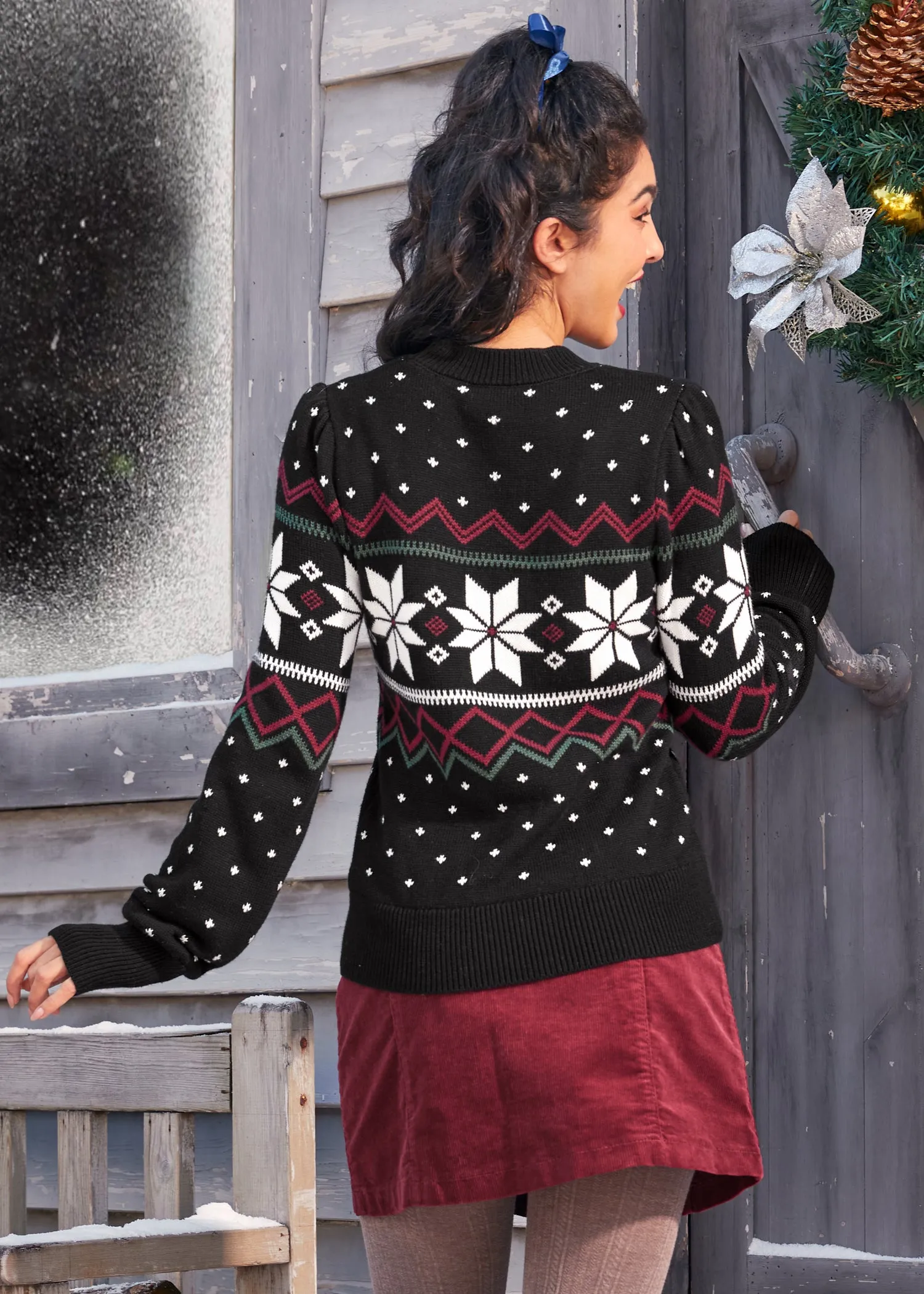 Whimsical Winter Puff Shoulder Sweater