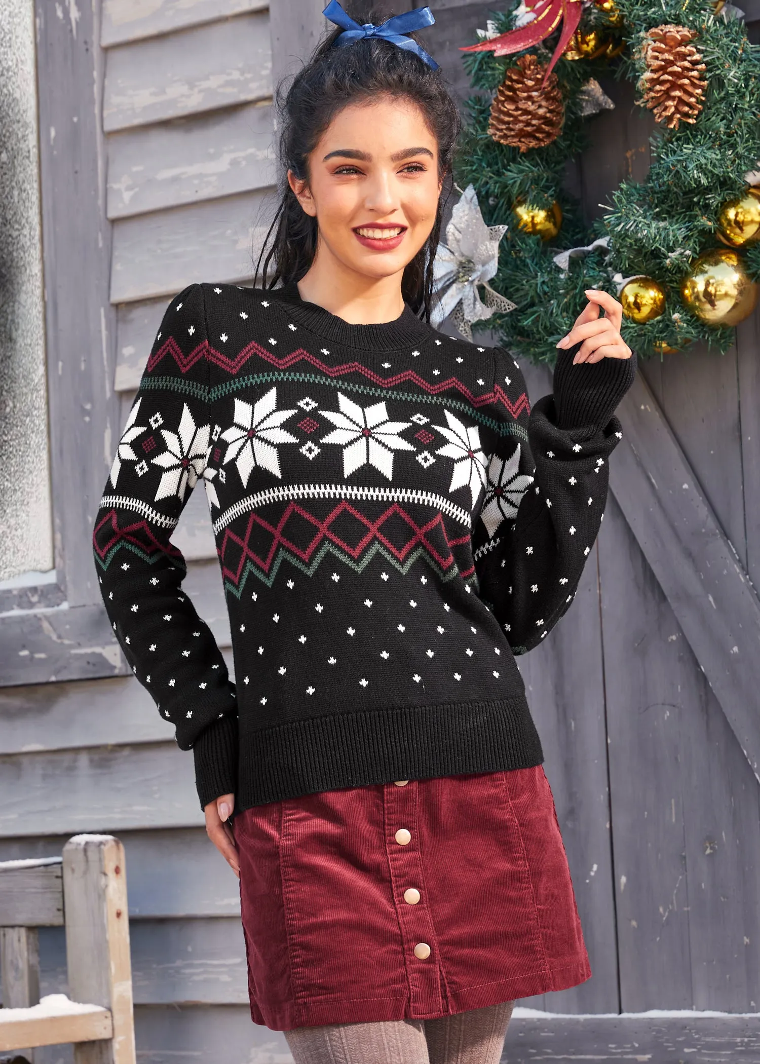 Whimsical Winter Puff Shoulder Sweater