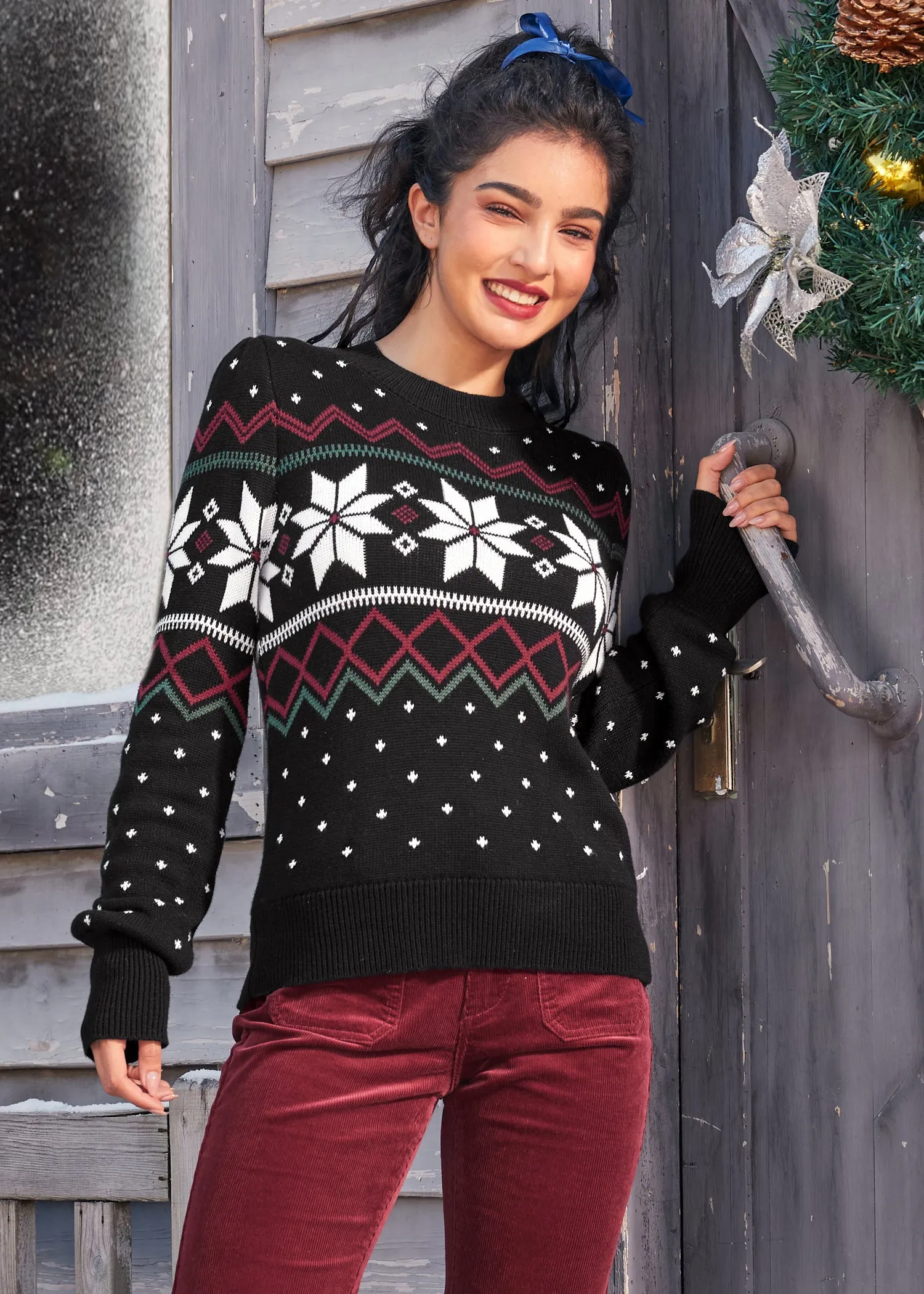 Whimsical Winter Puff Shoulder Sweater