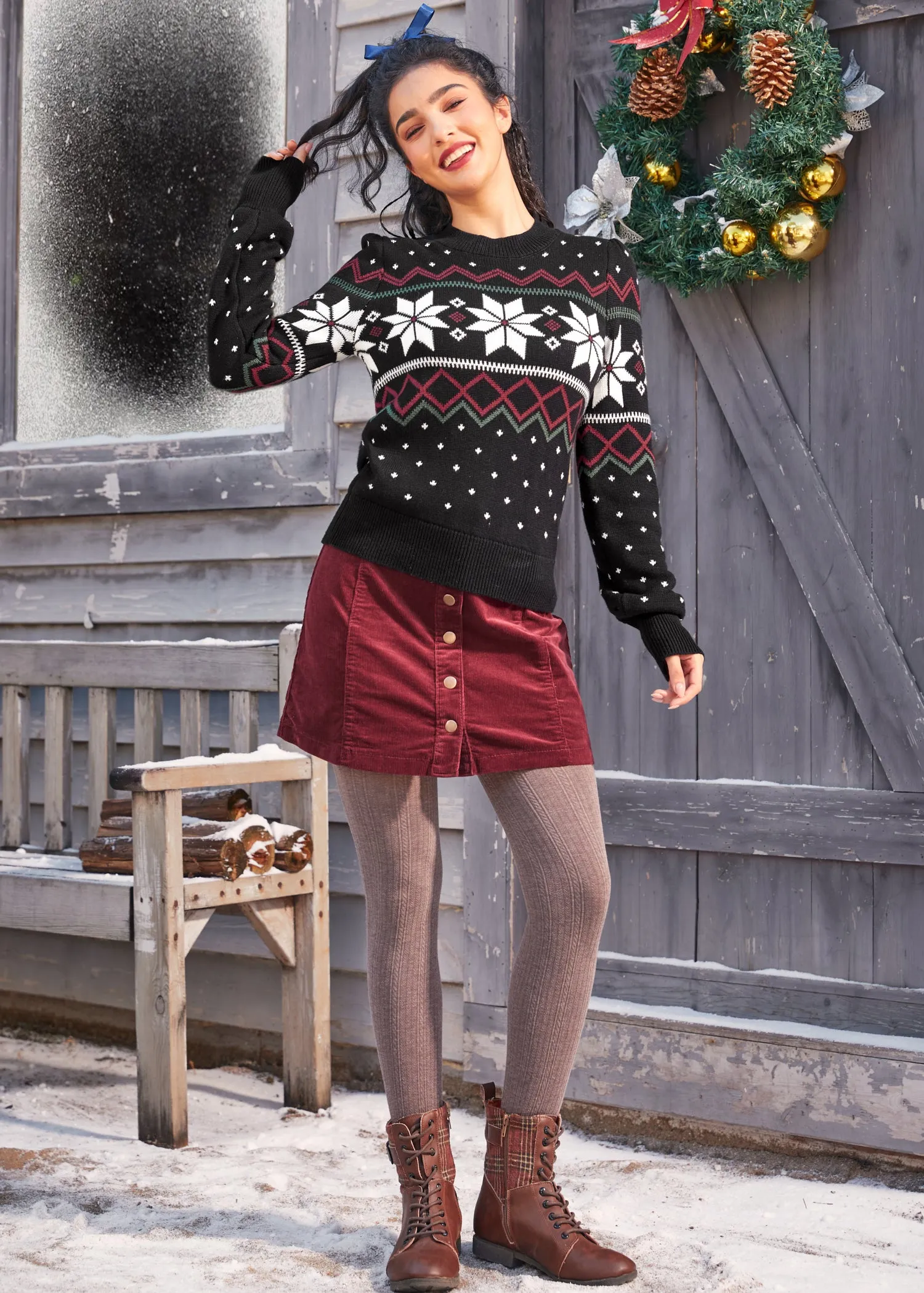 Whimsical Winter Puff Shoulder Sweater