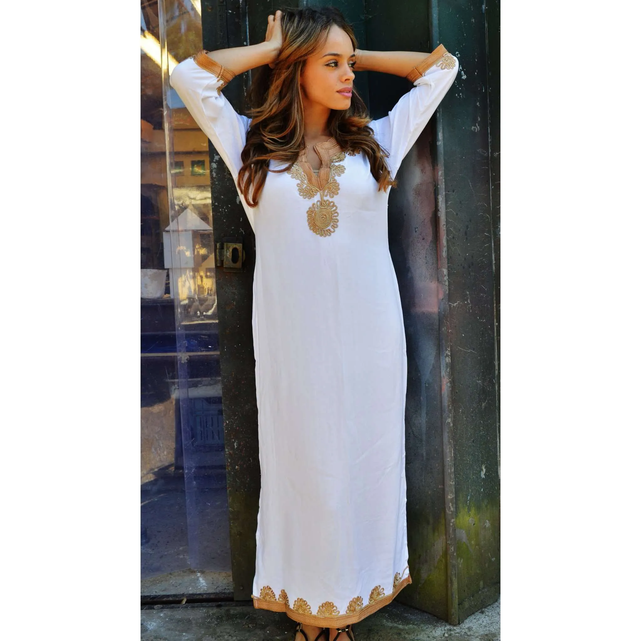 White Marrakech Kaftan with Dark Golden Embroidery Kalina Style-Long Kaftan