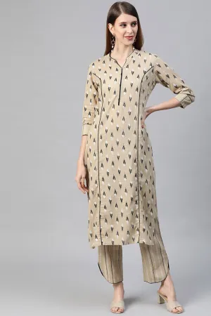 Women Beige Pure Cotton Woven Design Kurta with Trousers