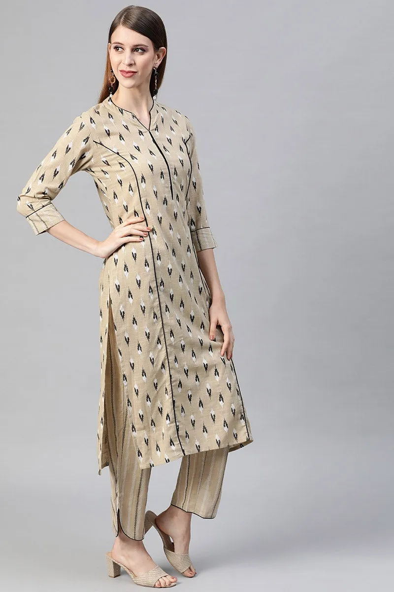 Women Beige Pure Cotton Woven Design Kurta with Trousers