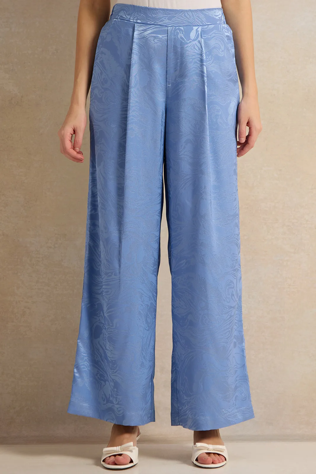 Women Blue Jacquard Wide Leg Pants