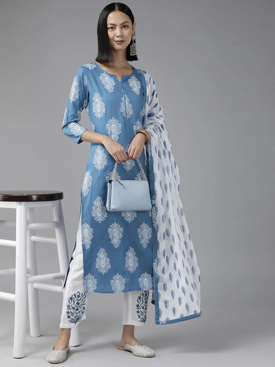 Women Blue Viscose Rayon Kurta Set With Dupatta