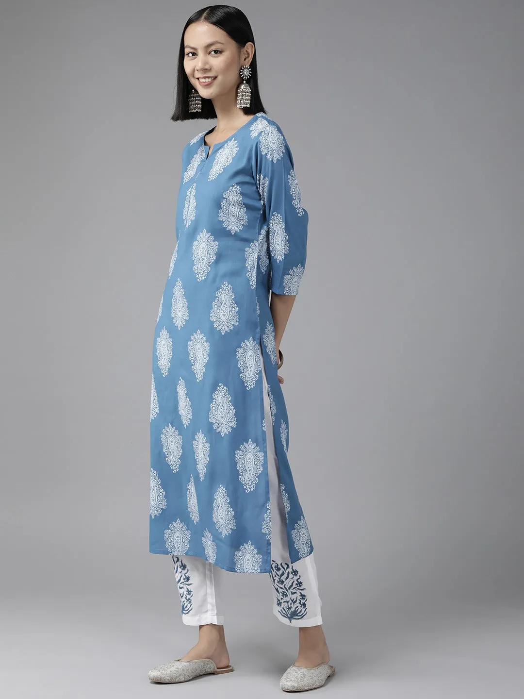 Women Blue Viscose Rayon Kurta Set With Dupatta