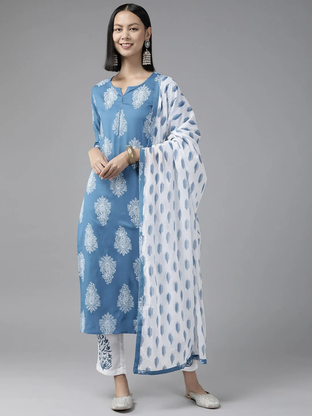 Women Blue Viscose Rayon Kurta Set With Dupatta