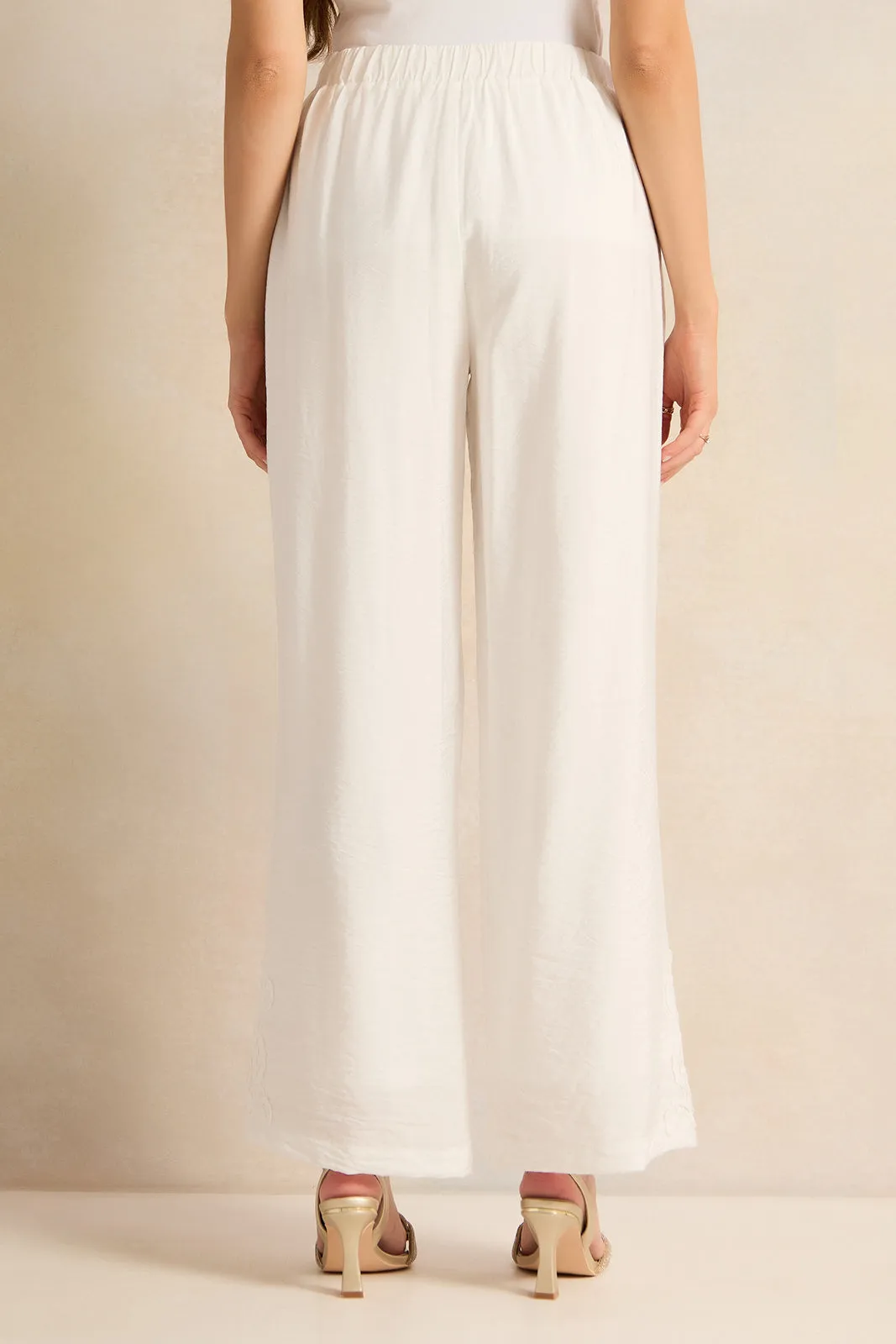 Women Ivory Embellished Wide Leg Trousers