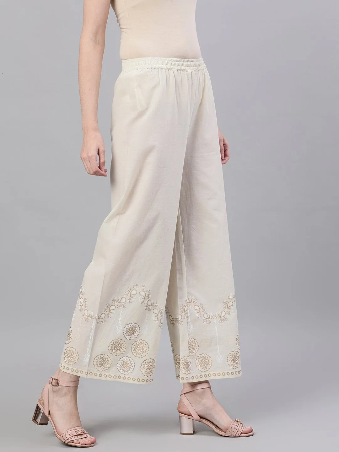 Women Off White Trouser With Border Print