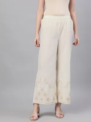 Women Off White Trouser With Border Print