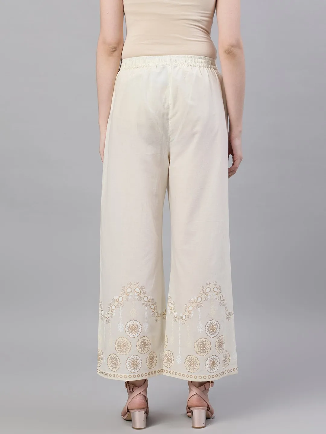 Women Off White Trouser With Border Print