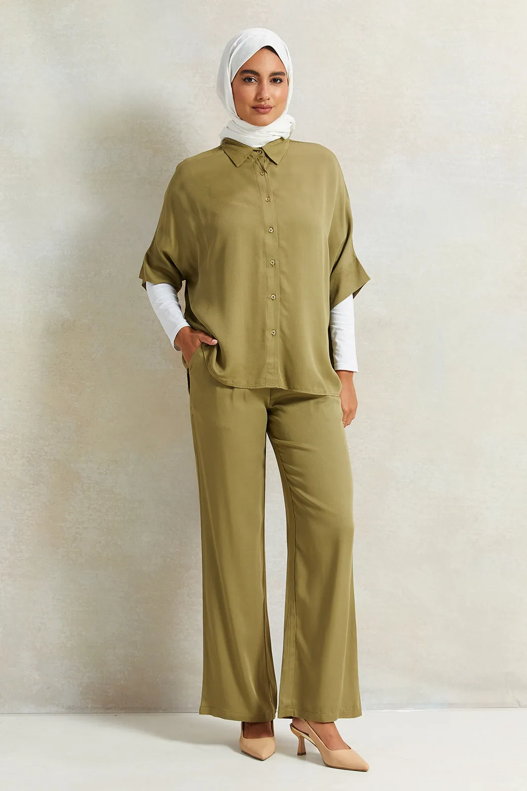 Women Olive Wide Leg Trousers