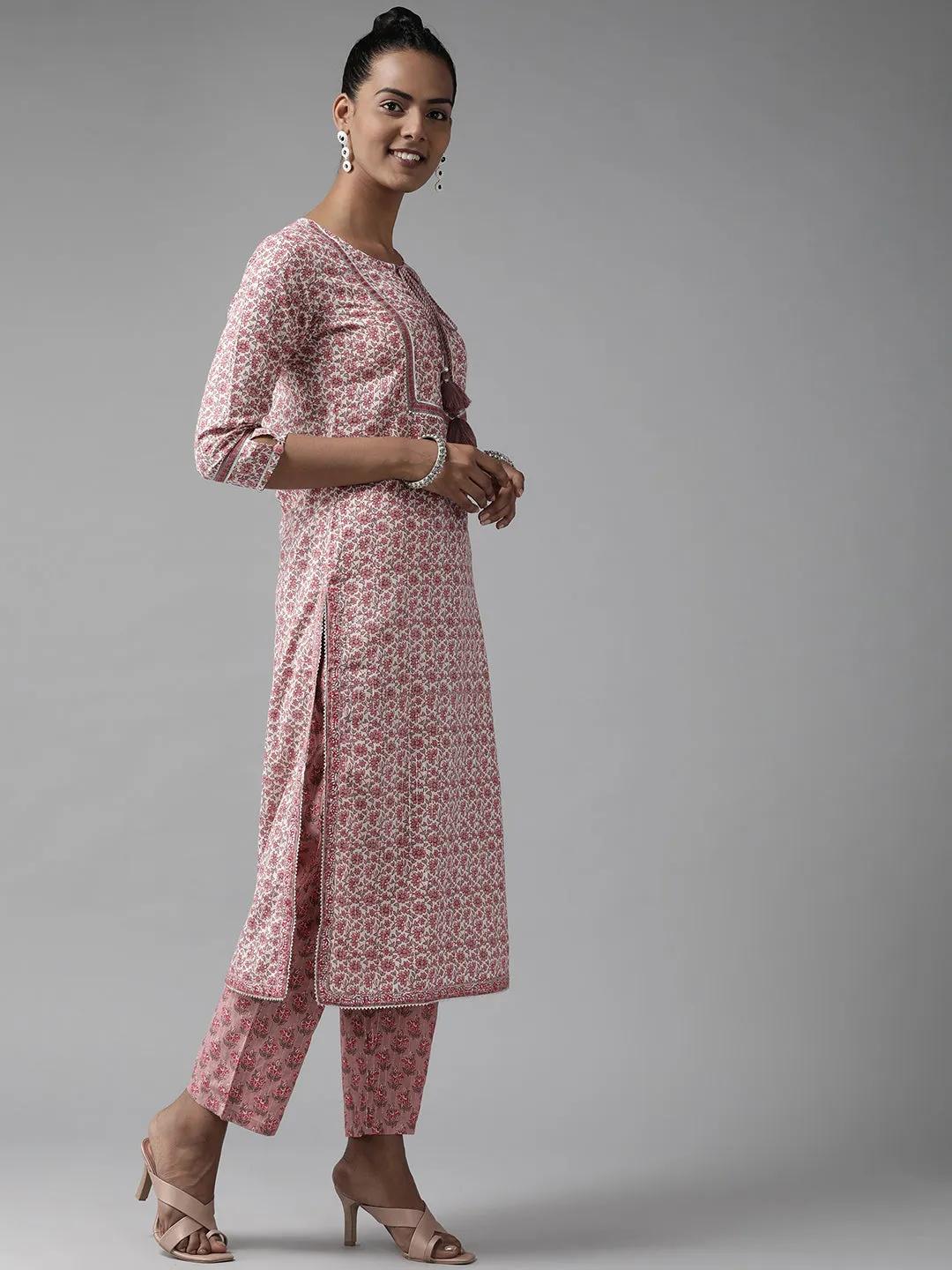 Women Pink Floral Printed Gotta Patti Pure Cotton Kurta With Trousers & With Dupatta