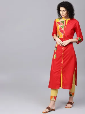 Women Red Yoke Design Pure Cotton Kurta With Trousers