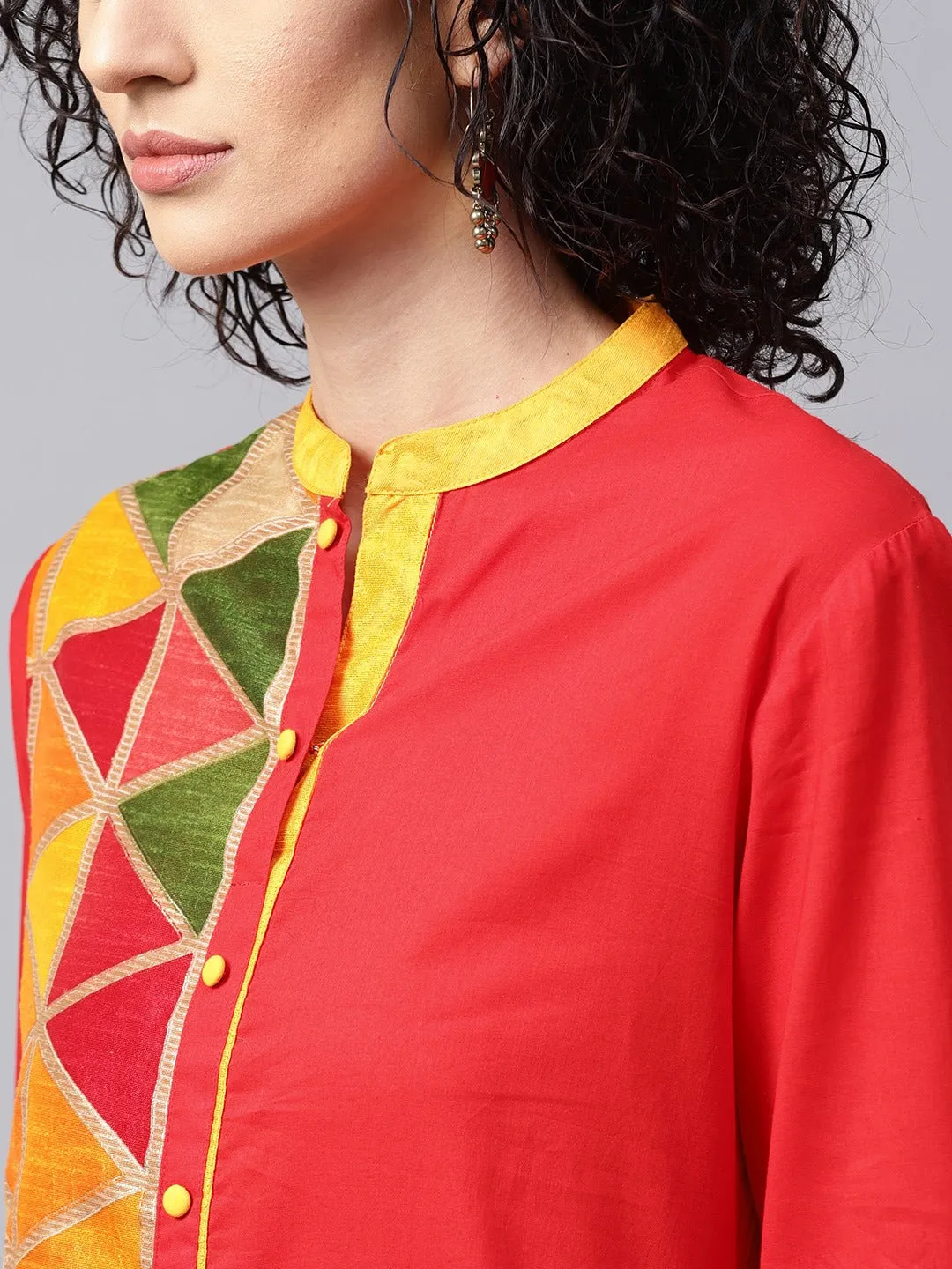 Women Red Yoke Design Pure Cotton Kurta With Trousers