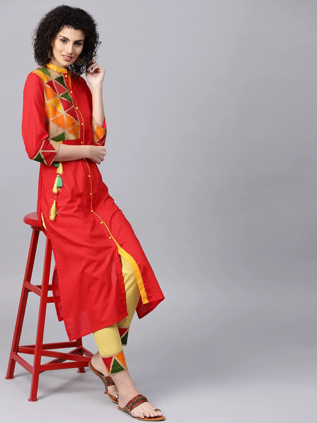 Women Red Yoke Design Pure Cotton Kurta With Trousers