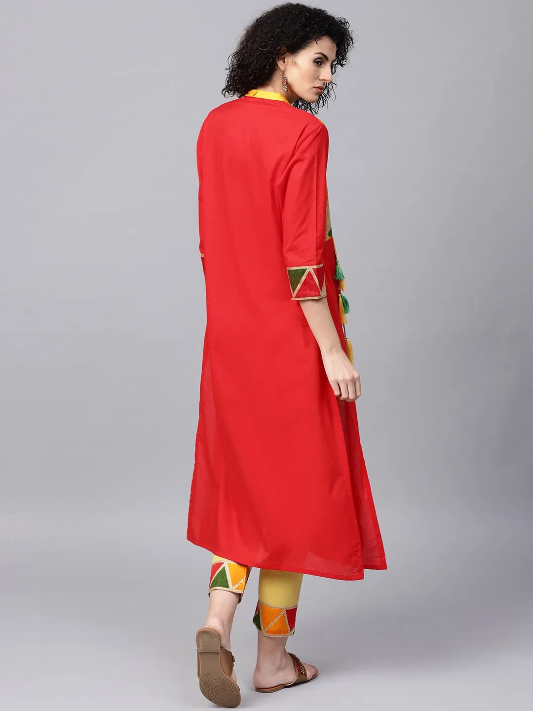 Women Red Yoke Design Pure Cotton Kurta With Trousers