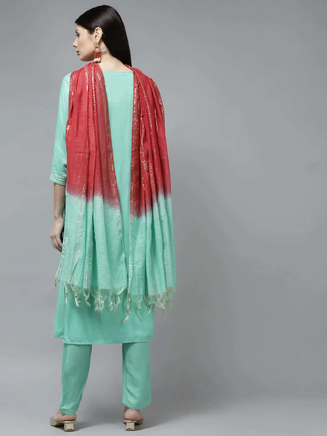 Women Sea Green Rayon Kurta Set With Dupatta