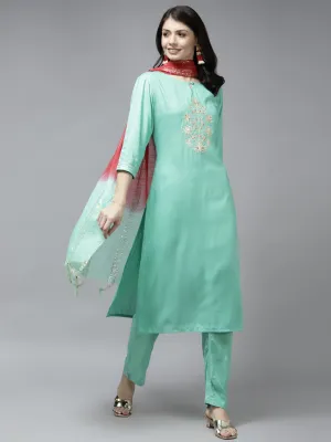 Women Sea Green Rayon Kurta Set With Dupatta