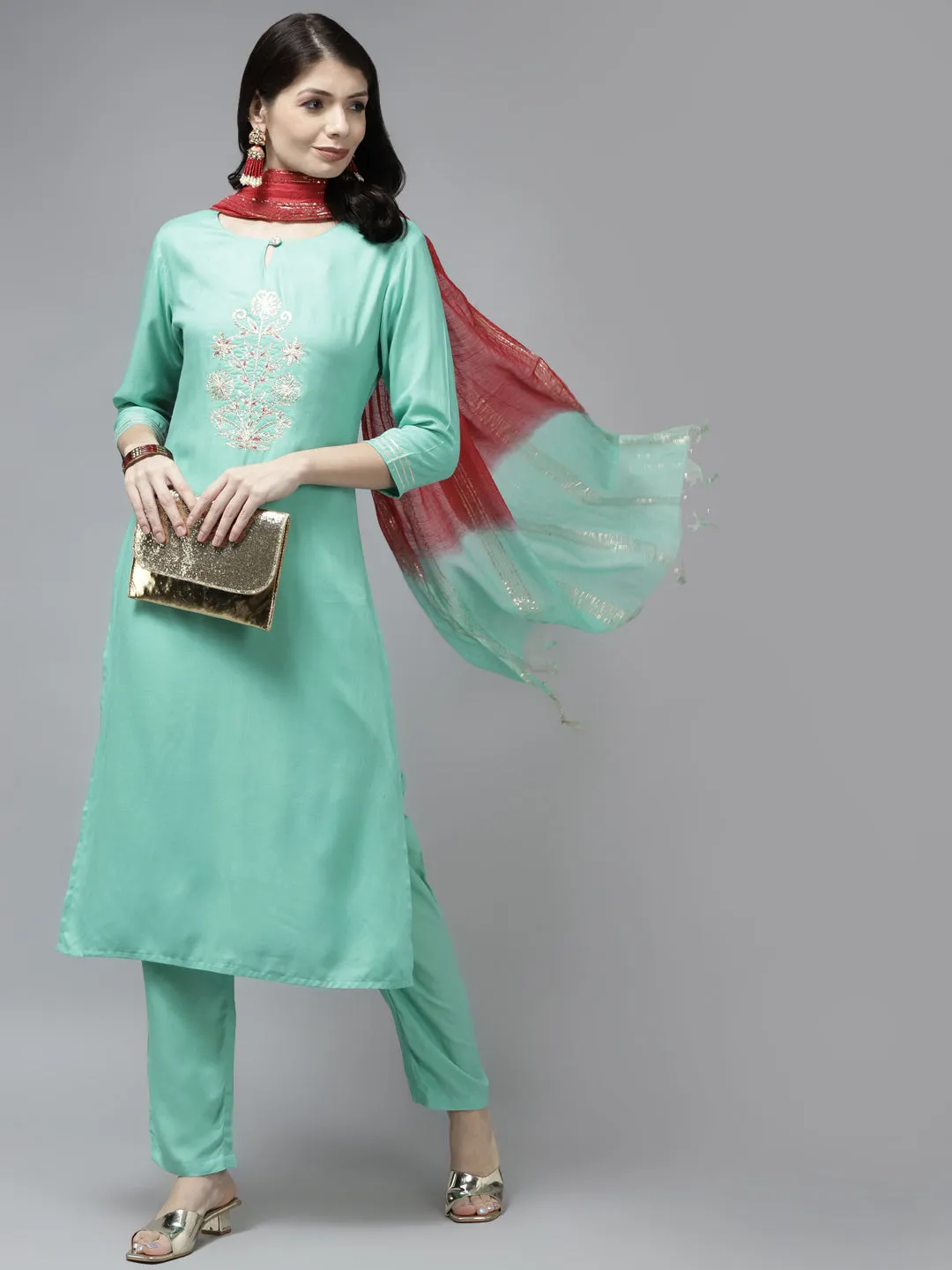 Women Sea Green Rayon Kurta Set With Dupatta