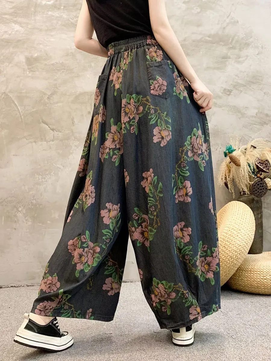 Women Summer Casual Flower Denim Wide-leg Pants QW1013