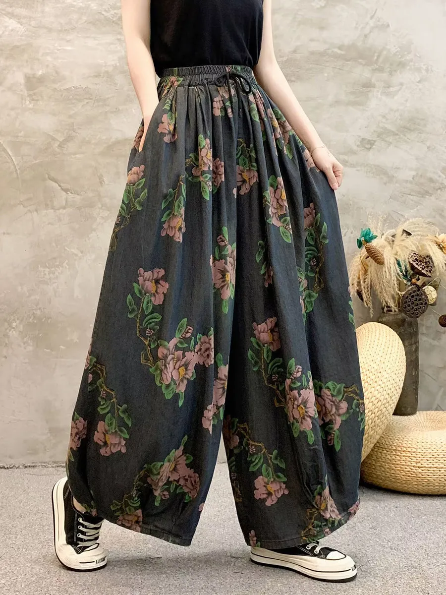 Women Summer Casual Flower Denim Wide-leg Pants QW1013