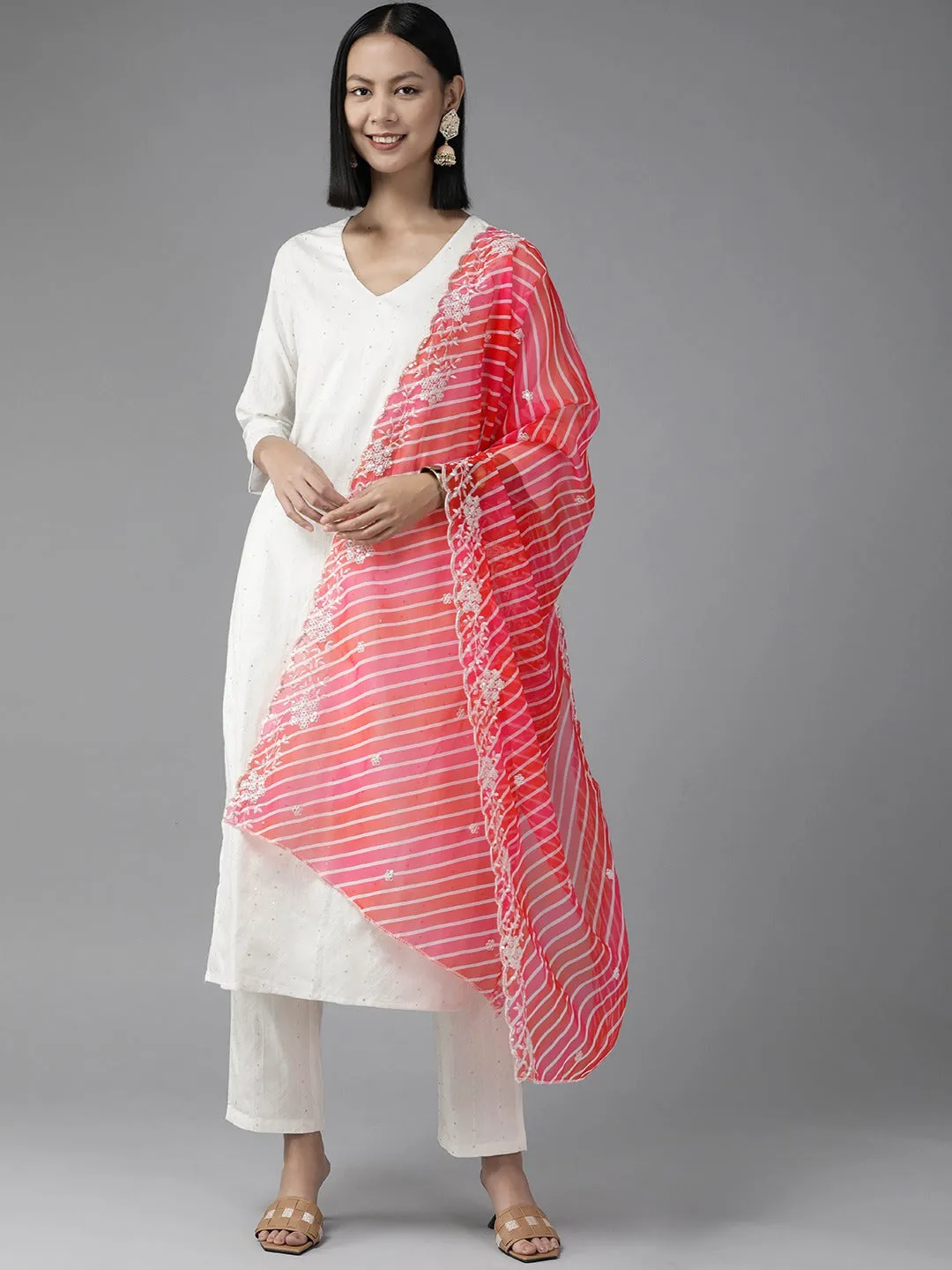 Women White Cotton Blend Kurta Set With Dupatta